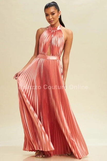 Satin Pleated Halter Maxi Dress (Rose)