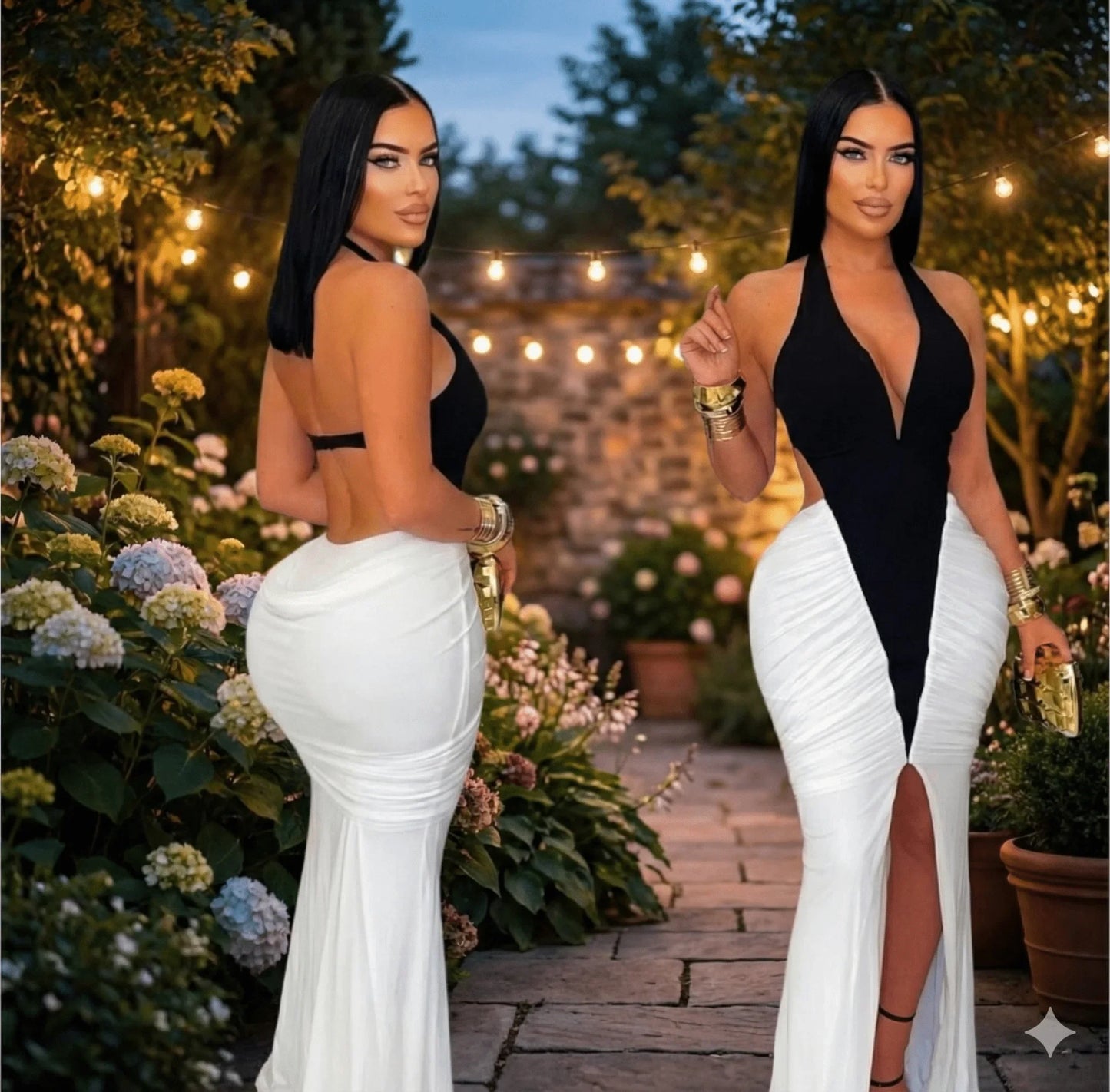Sculpted Contrast Mermaid Halter Maxi Dress - Black/Ivory