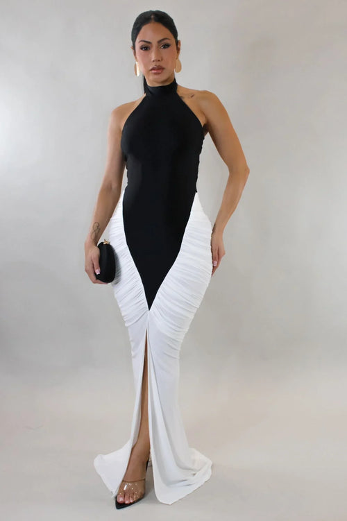 Sculpted Illusion Ruched Halter Maxi Dress - Black/White