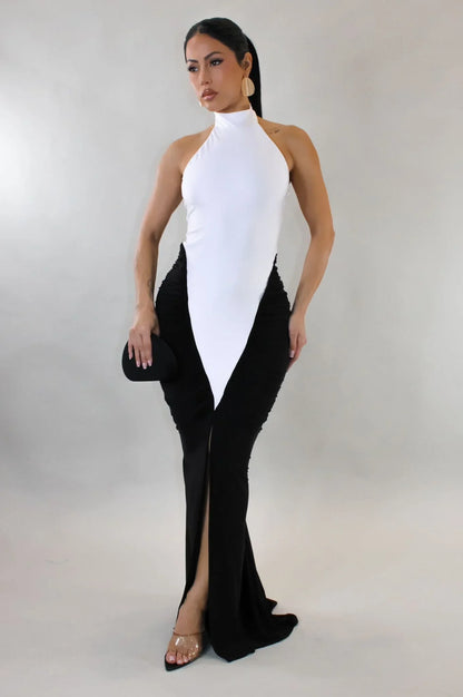Sculpted Illusion Ruched Halter Maxi Dress - White/Black