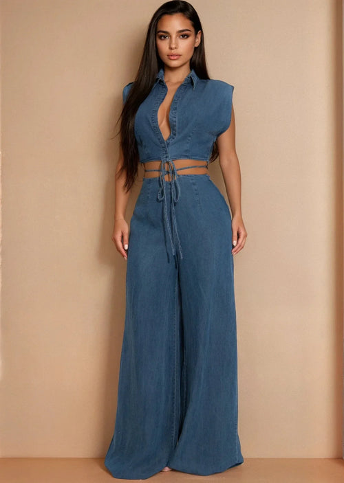 Sculpted Wrap Denim Pant Set - Denim
