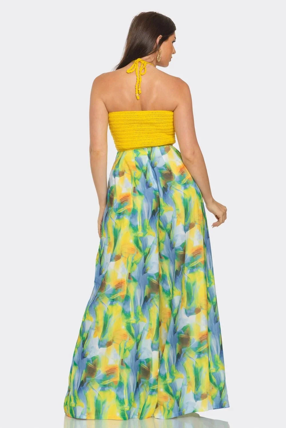 Sea Goddess 2PC Halter and Wide Leg Pant Set Yellow Multi