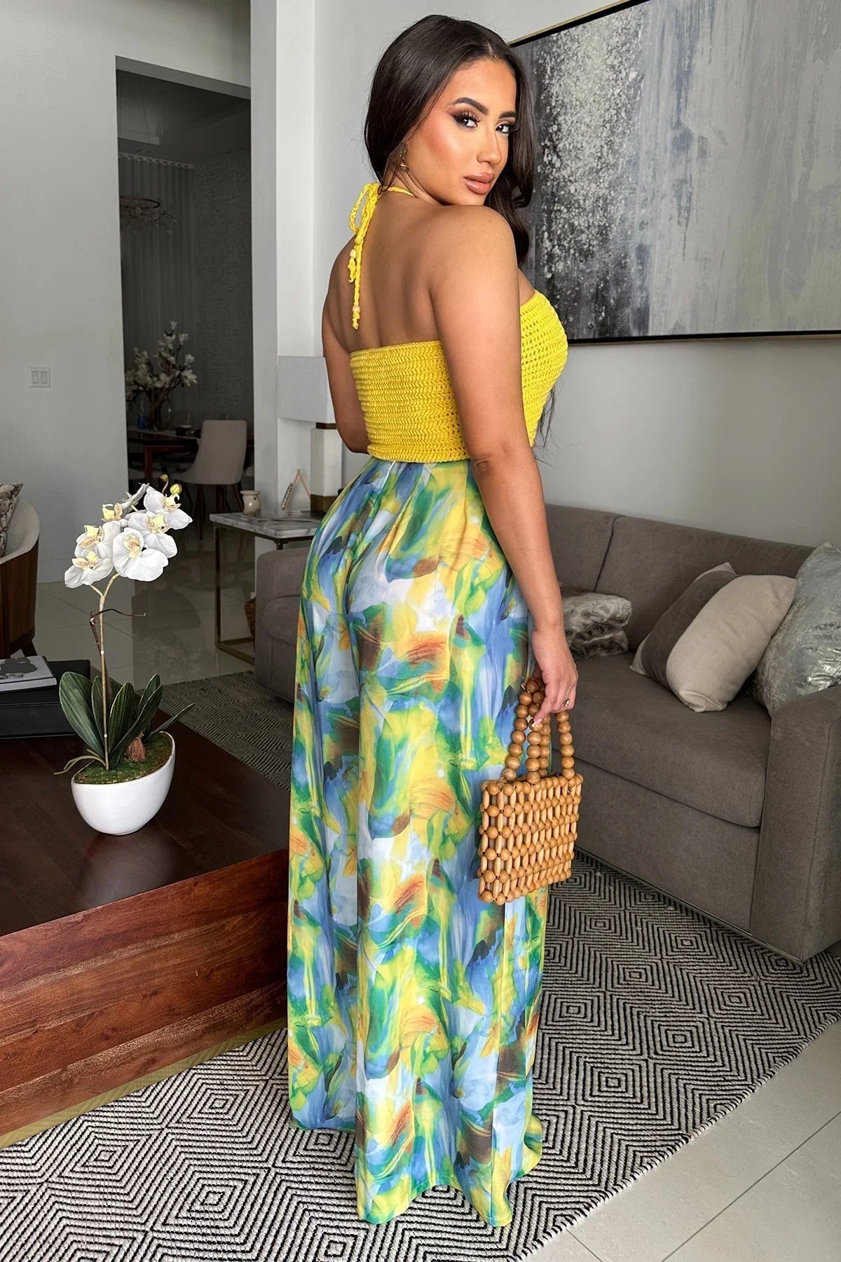 Sea Goddess 2PC Halter and Wide Leg Pant Set Yellow Multi