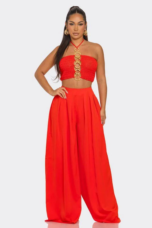 Sea Goddess 2PC Halter and Wide Leg Pant Set Orange