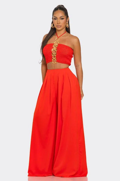 Sea Goddess 2PC Halter and Wide Leg Pant Set Orange
