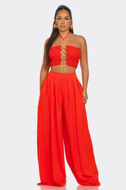 Sea Goddess 2PC Halter and Wide Leg Pant Set Orange