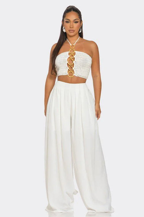 Sea Goddess 2PC Halter and Wide Leg Pant Set White