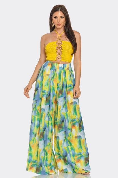 Sea Goddess 2PC Halter and Wide Leg Pant Set Yellow Multi