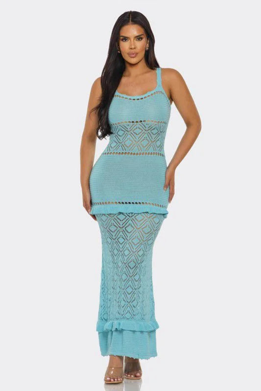 Seaside Serenity Crochet Maxi Dress - Baby Blue