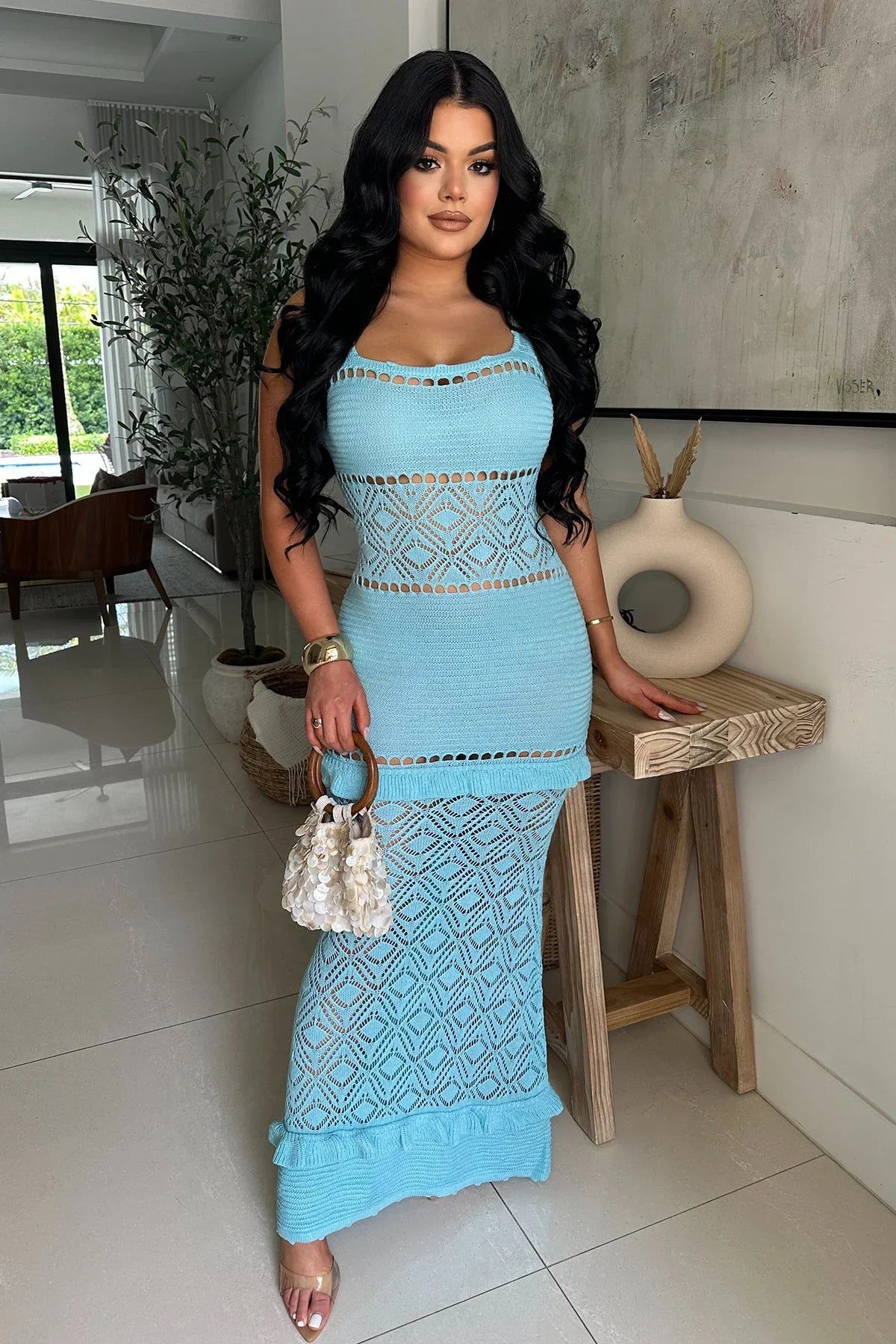 Seaside Serenity Crochet Maxi Dress - Baby Blue