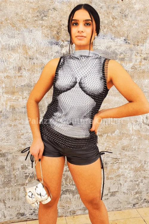 Sexy Black Mesh Top – Stretch Turtle Neck Knit