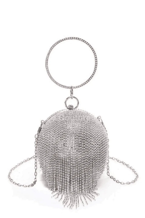 Shine On Me Silver Clutch with Rhinestone Fringe Ball Design