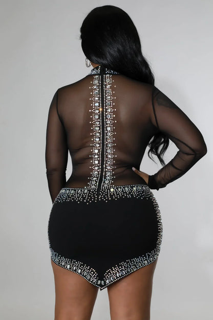 Silhouette Nights Black Rhinestone Dress with Sheer Details