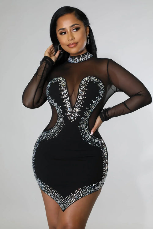 Silhouette Nights Black Rhinestone Dress with Sheer Details