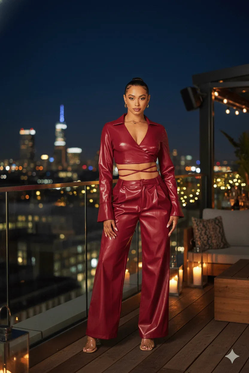 Sleek Edge Faux Leather Wrap Jacket Set - Burgundy