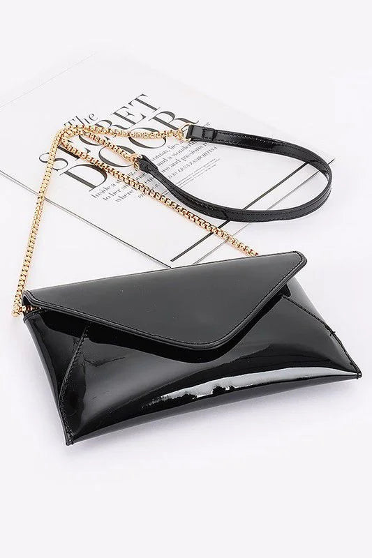 Sleek Enamel Envelope Clutch - Black