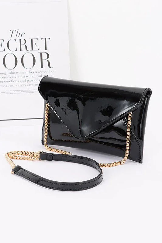 Sleek Enamel Envelope Clutch - Black
