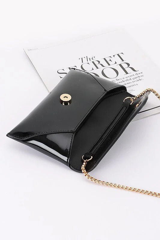 Sleek Enamel Envelope Clutch - Black