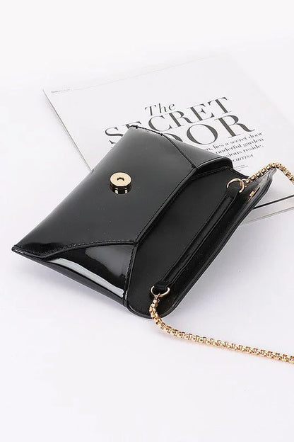 Sleek Enamel Envelope Clutch - Black