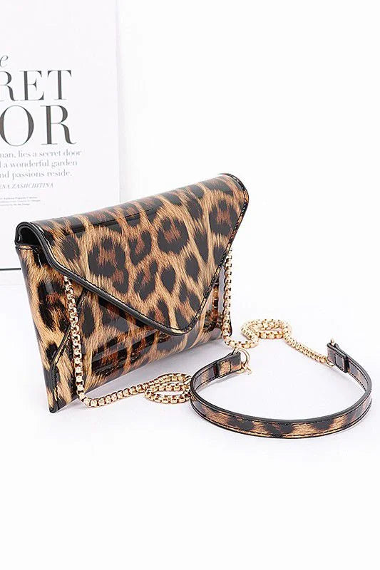Sleek Enamel Envelope Clutch - Leopard