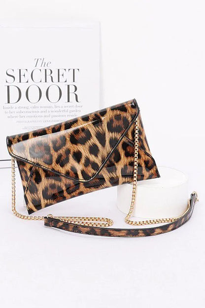 Sleek Enamel Envelope Clutch - Leopard