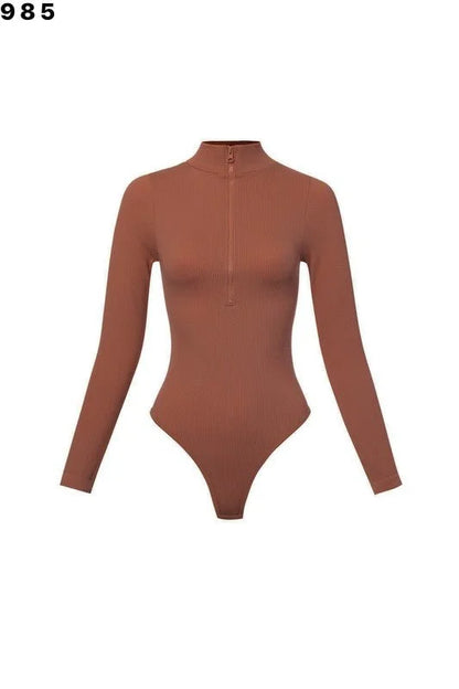 Sleek Ribbed High-Neck Bodysuit (Gingerbread)