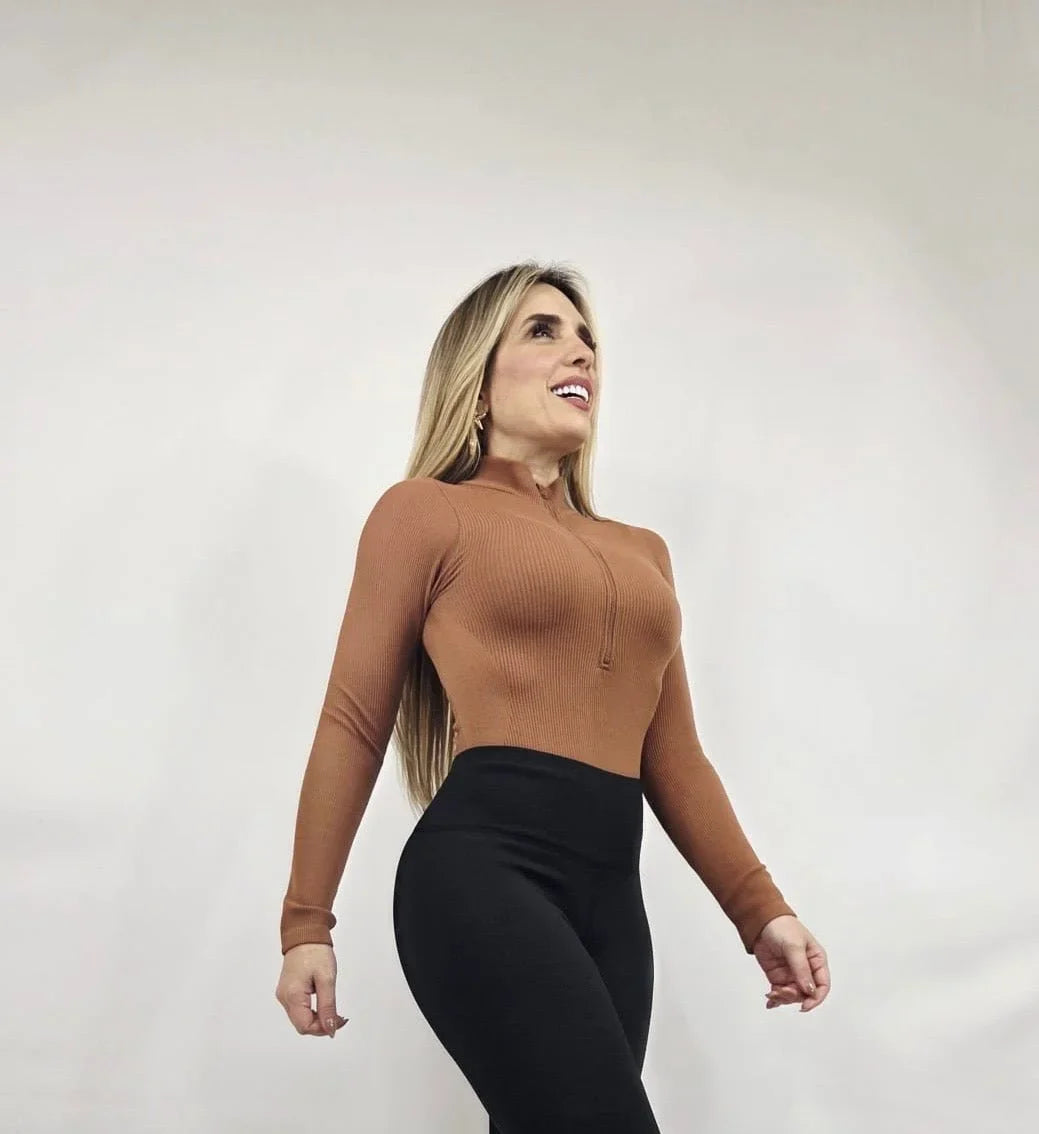 Sleek Ribbed High-Neck Bodysuit (Gingerbread)