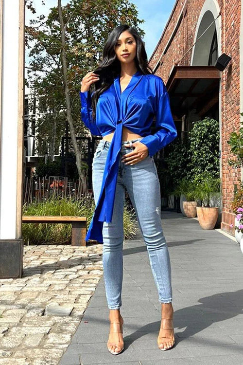 So Lovable Royal Blue Top with Satin Finish and Tie Front