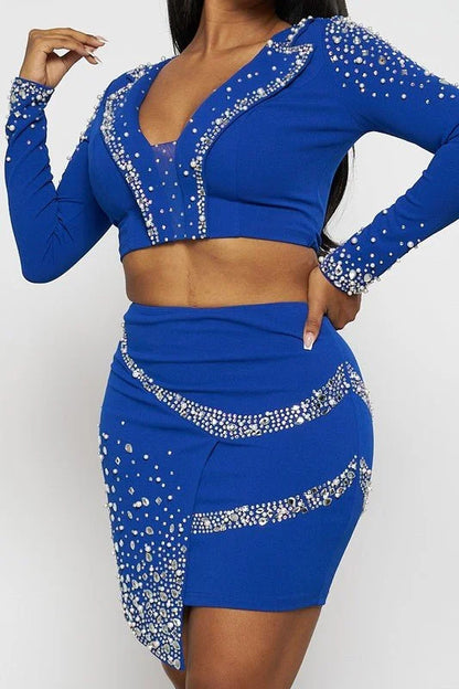 Special Meetings Blue Skirt Set with Rhinestone Crop Top