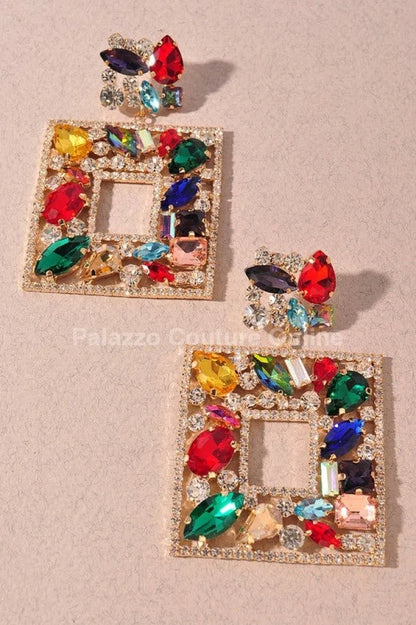 Square Dangle Earrings with Multi Stone Crystal Embellishments