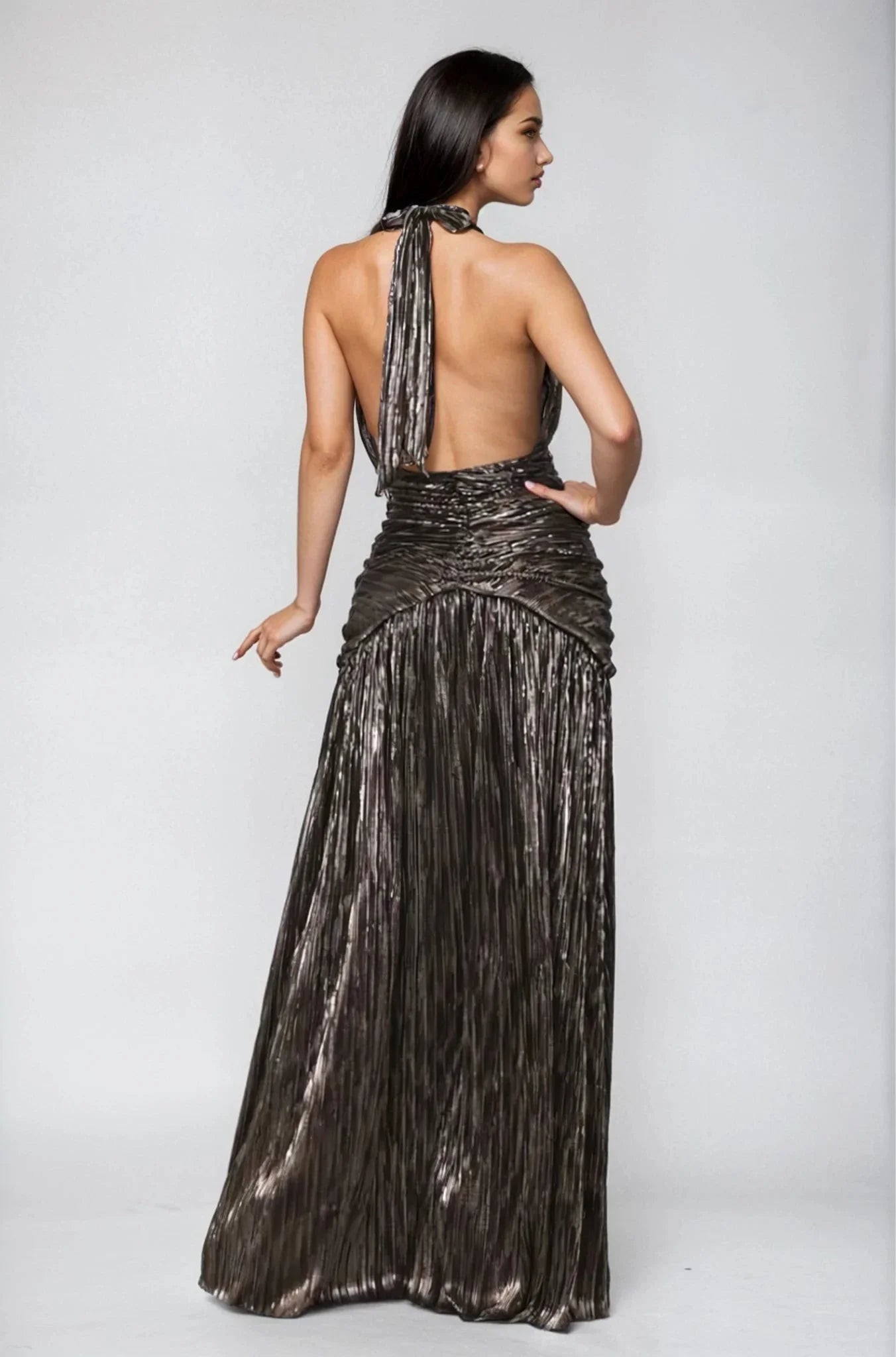 Starlit Bronze Metallic Halter Maxi Dress