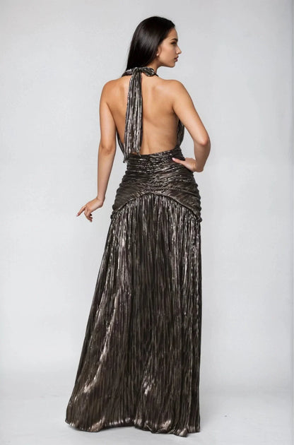 Starlit Bronze Metallic Halter Maxi Dress