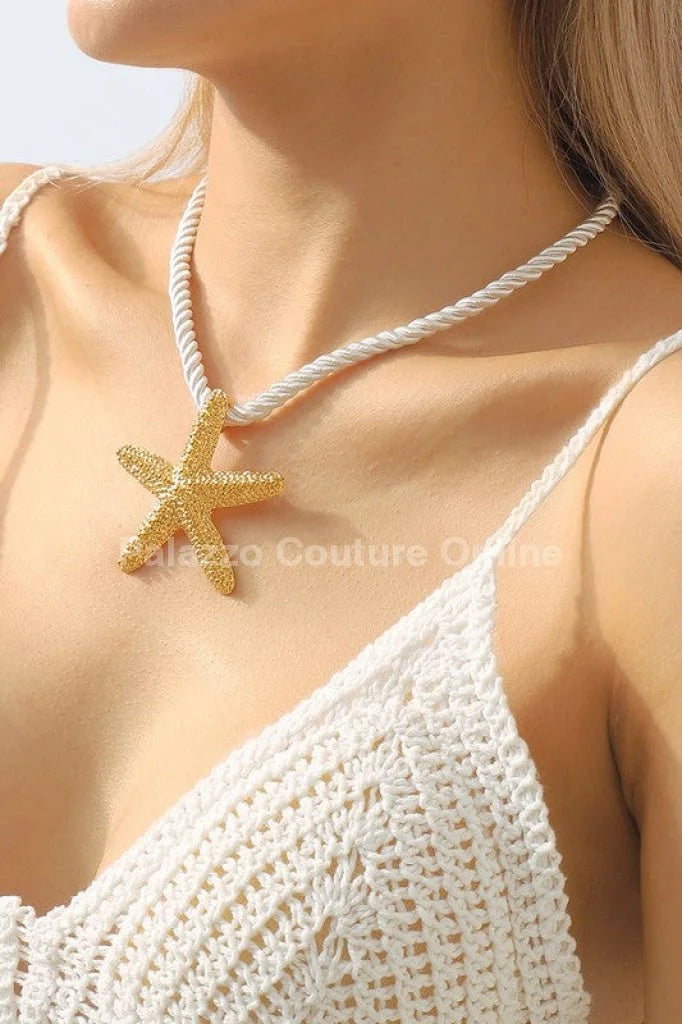 Statement Metal Starfish Rope Chain Necklace (Gold)