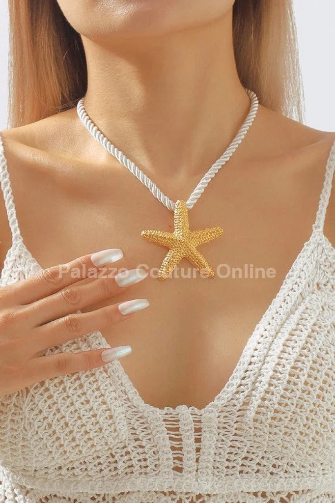 Statement Metal Starfish Rope Chain Necklace (Gold)