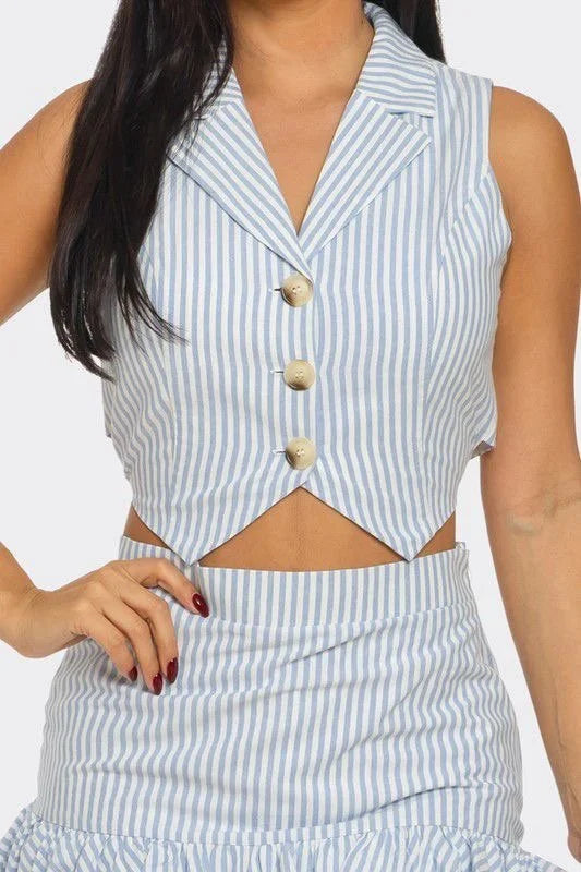 Striped Chic Vest Skirt Set
(Blue)