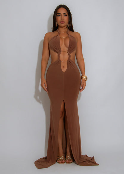 Sultry Cut-Out Ring Maxi Dress - Brown