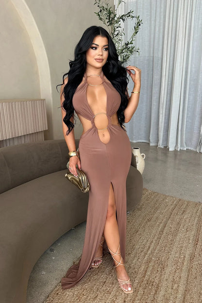 Sultry Cut-Out Ring Maxi Dress - Brown