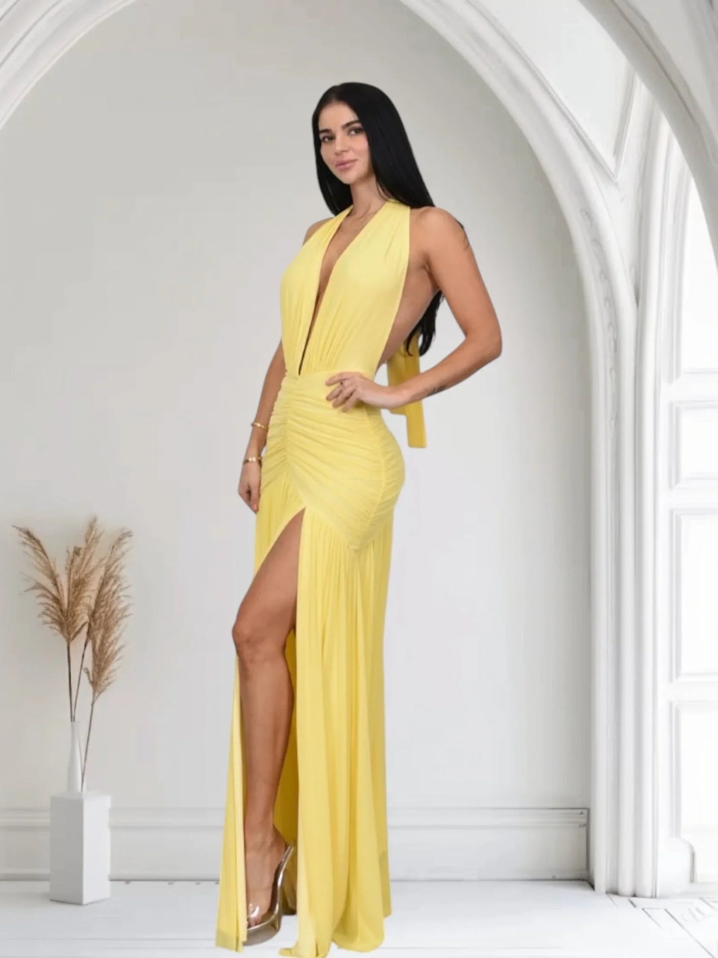 Sultry Plunge Halter Maxi Dress - Lemon Yellow