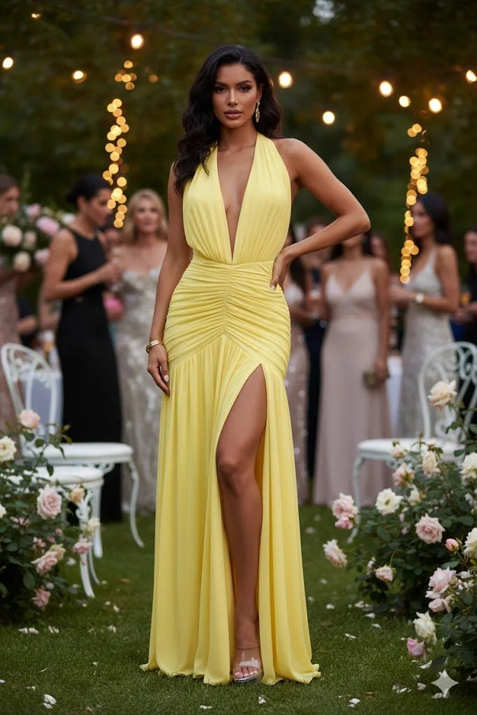 Sultry Plunge Halter Maxi Dress - Lemon Yellow