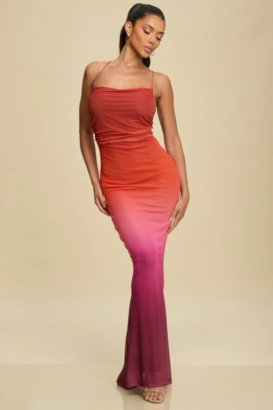 Sunset Mirage Mesh Maxi Dress - Rust/Plum