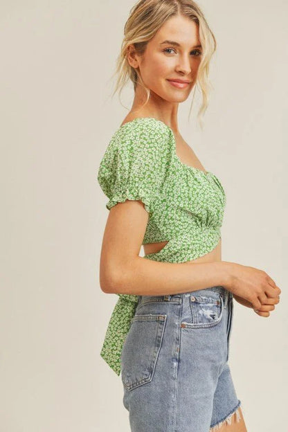Sweet Angel Green Crop Top with Floral Print and Puff Sleeves