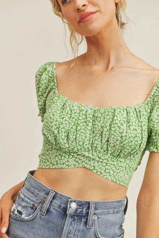 Sweet Angel Green Crop Top with Floral Print and Puff Sleeves