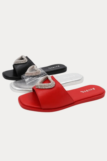 Sweet Heart Red Flat Sandals with Metallic Heart Detail