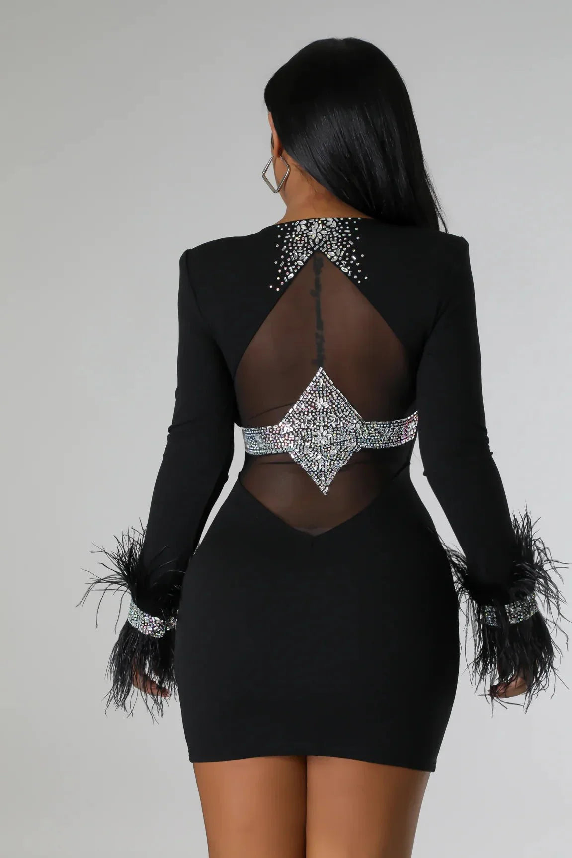 Tessai Crystal Black Feather and Rhinestone Dress - Black