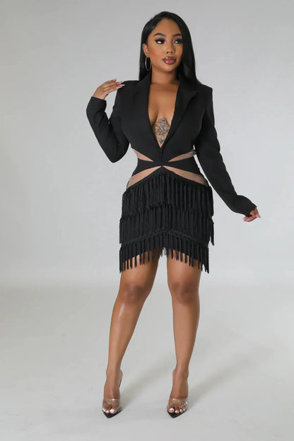 Tialeigh Black Fringe Dress with Sheer Cutout Details