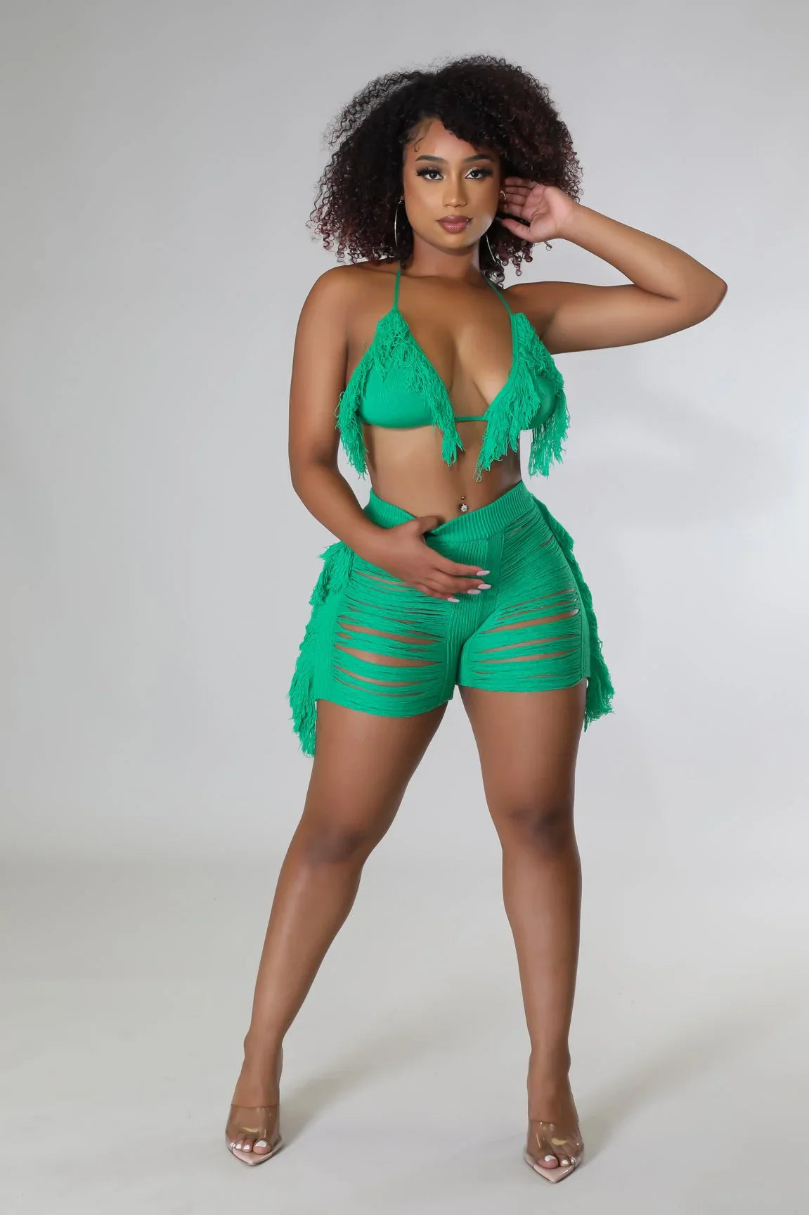 Tropic Sand Green Fringe Set with Triangle Top and High-Waisted Shorts