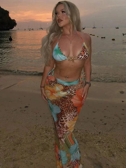 Tropic Wild 3-Piece Bikini & Skirt Set - Blue Multi Print