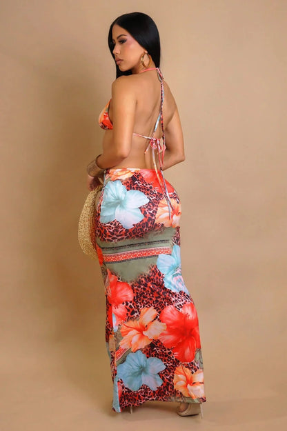 Tropic Wild 3-Piece Bikini & Skirt Set - Blue Multi Print