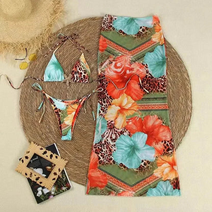 Tropic Wild 3-Piece Bikini & Skirt Set - Blue Multi Print