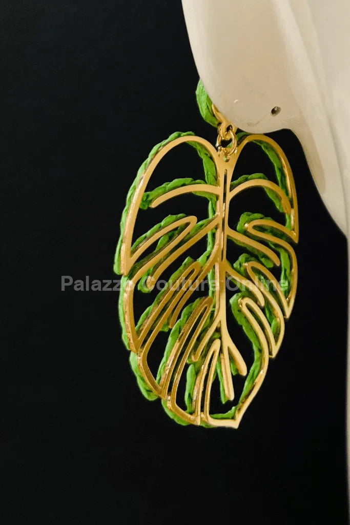 Tropika Green Statement Earrings – Leaf Design